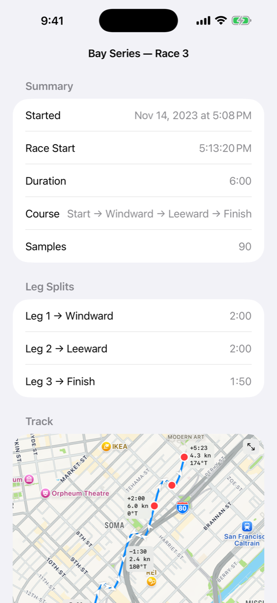 Recorded race replay with track map and leg splits